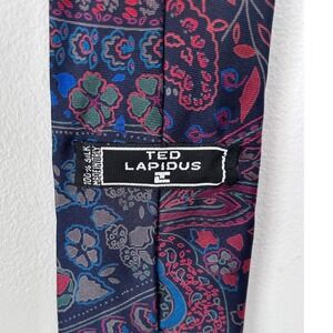 Ted Lapidus Mens Silk Paisley Floral Necktie Navy Blue Burgundy Made in Italy
